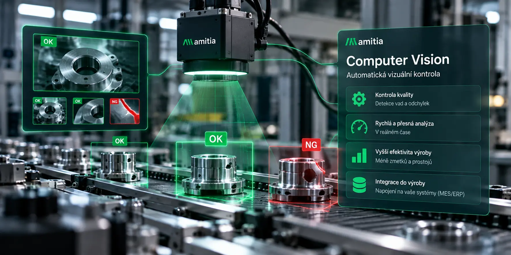 Kamerový systém pomocí Computer Vision vizuálně kontroluje výrobky na výrobní lince.