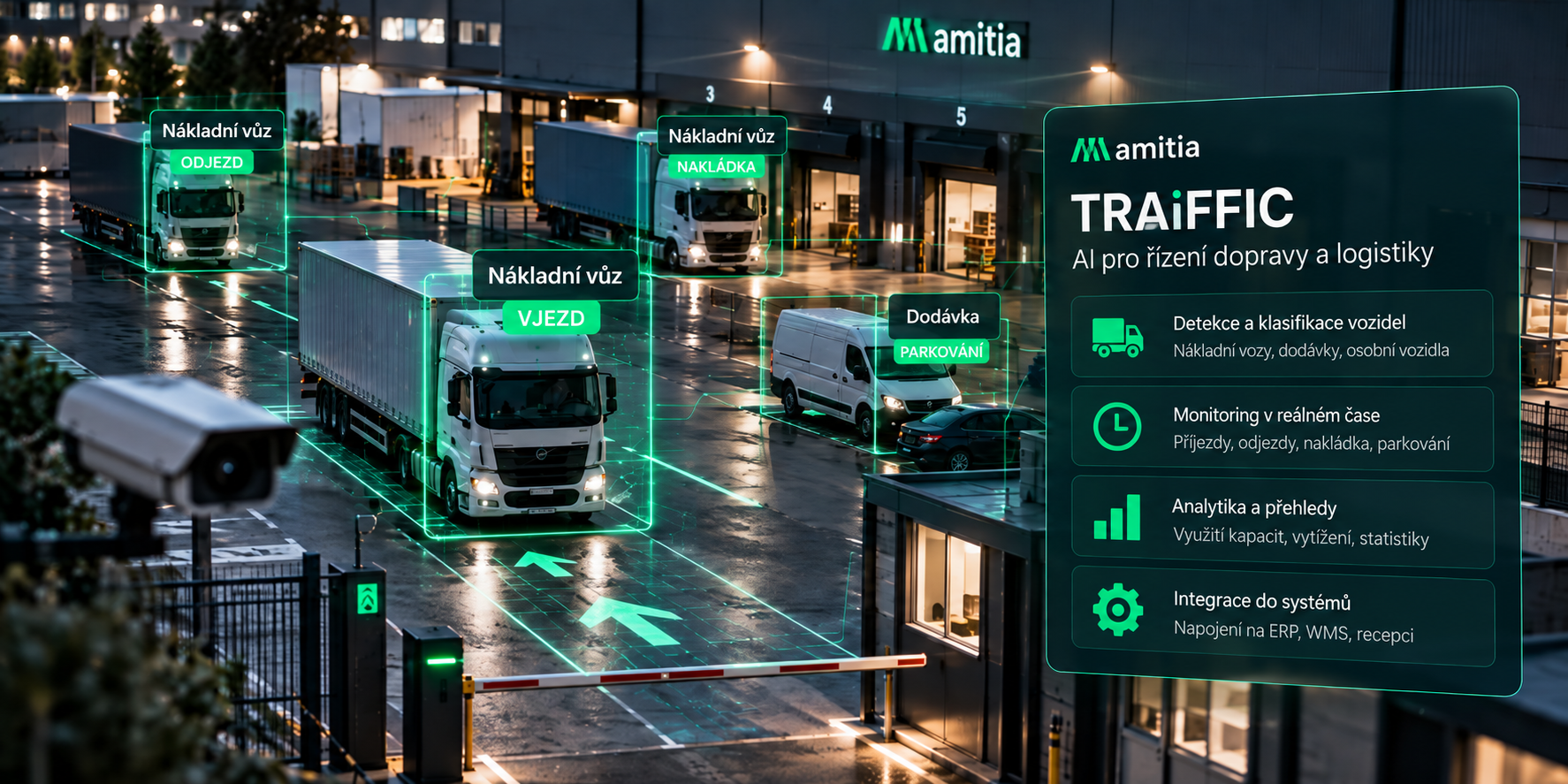 Zelené digitální značky sledují nákladní a dodávková vozidla v osvětleném logistickém areálu.