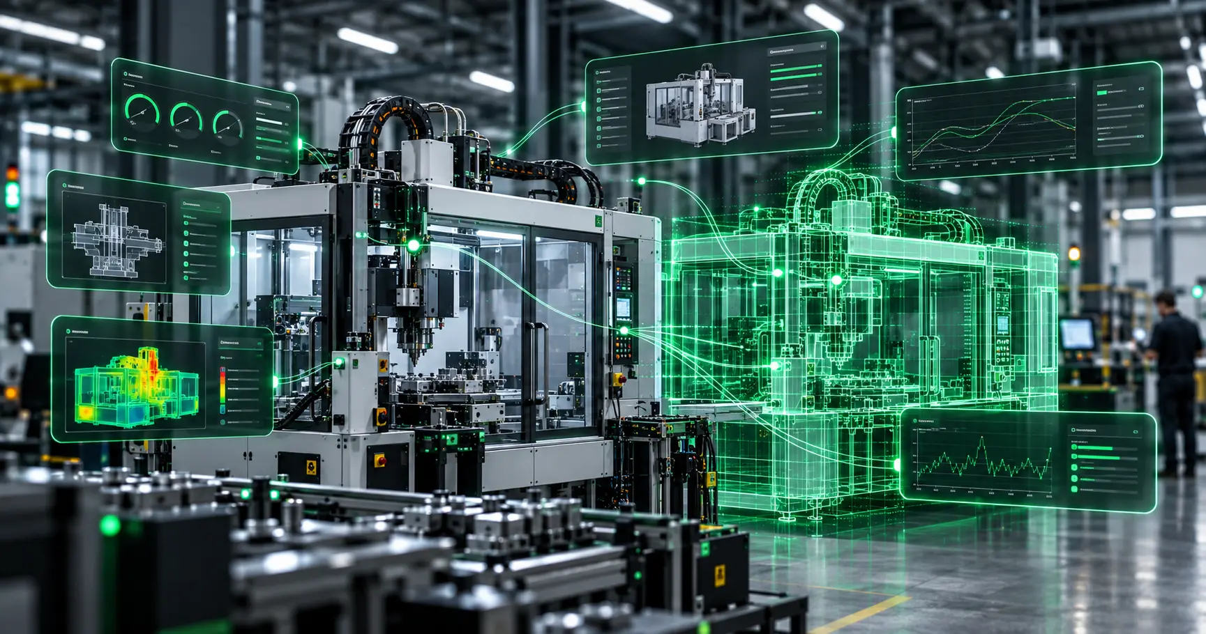 Průmyslový provoz s překryvem zeleného digitálního dvojčete a výrobních dat.