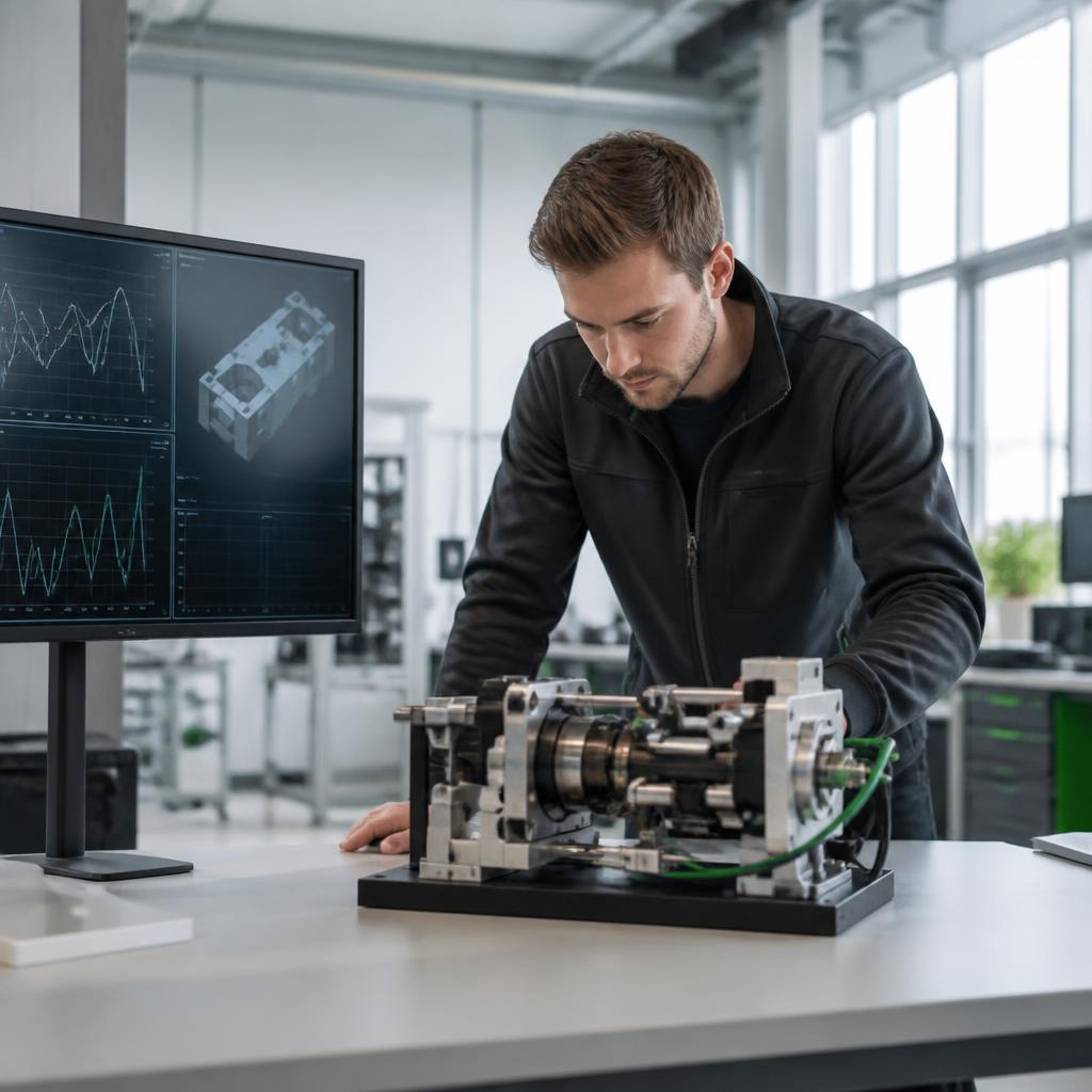 Výzkumník testuje technické zařízení a vyhodnocuje datové modely v moderní laboratoři